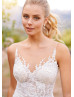 Beaded White Lace Crepe V Back Wedding Dress